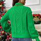 Cable-Knit Ruffled Mock Neck Lantern Sleeve Sweater