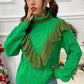 Cable-Knit Ruffled Mock Neck Lantern Sleeve Sweater