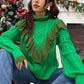 Cable-Knit Ruffled Mock Neck Lantern Sleeve Sweater